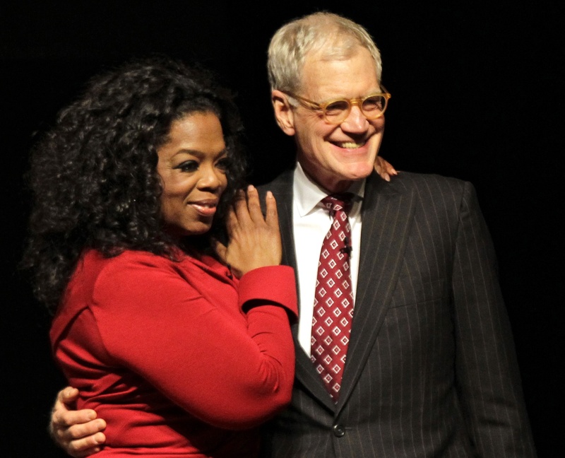 Oprah Winfrey and David Letterman appear on stage in November at Ball State University in Muncie, Ind., where they taped an interview that aired Sunday.