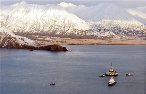 The Shell floating drill rig Kulluk is seen in Kodiak Island's Kiliuda Bay on Monday afternoon.The Kulluk, which ran aground a week ago on Sitkalidak Island near Kodiak, was taken to Kiliuda Bay for repairs and assessment of its seaworthiness.