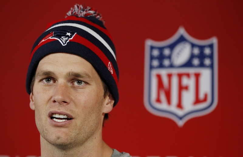 New England Patriots quarterback Tom Brady responds to a reporter's question during a media availability at the NFL football team's facility in Foxborough, Mass., Wednesday, Jan. 16, 2013. The Patriots meet the Baltimore Ravens in the AFC Championship game on Sunday. (AP Photo/Stephan Savoia) Gillette Stadium
