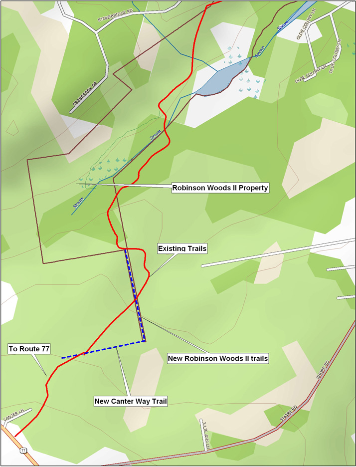 A detailed map showing the new trail corridor in Cape Elizabeth, with existing trails and conservation lands.