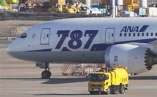 An All Nippon Airways' Boeing 787 "the Dreamliner" is parked on the tarmac at Haneda airport in Tokyo on Friday. Nearly all 50 of the 787s in use around the world have been grounded.