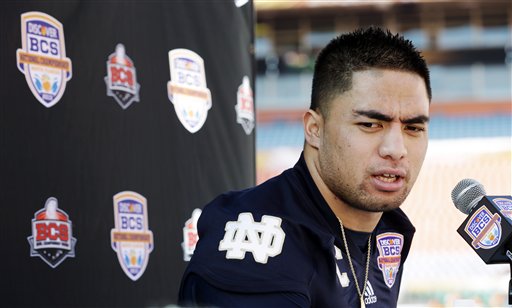 In this Jan. 5, 2013, photo, Notre Dame linebacker Manti Te'o answers a question during media day for the BCS national championship NCAA college football game in Miami.
