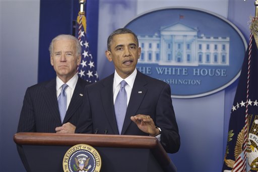 President Barack Obama and Vice President Joe Biden make a statement regarding the passage of the fiscal cliff bill in the Brady Press Briefing Room at the White House Tuesday.