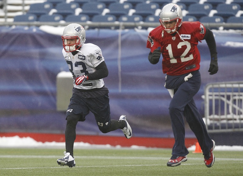 New England Patriots wide receiver Wes Welker (83) and quarterback Tom Brady run during practice at the NFL football team's facility in Foxborough, Mass., Wednesday, Jan. 16, 2013. The Patriots will play the Baltimore Ravens in the AFC Championship game for the second year in a row at Foxborough this Sunday. (AP Photo/Stephan Savoia) Gillette Stadium