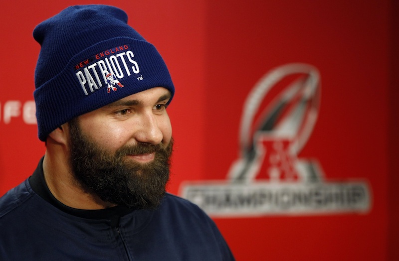 New England Patriots defensive end Rob Ninkovich (50) smiles as he responds to a reporter's question during a media availability at the NFL football team's facility, Thursday, Jan. 17, 2013, in Foxborough, Mass. The Patriots are scheduled to host the Baltimore Ravens in the AFC championship game Sunday. (AP Photo/Stephan Savoia)
