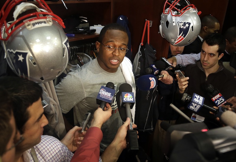 New England Patriots wide receiver and special-teams captain Matthew Slater speaks with reporters in the football team's locker room at Gillette Stadium, in Foxborough, Mass., Monday, Jan. 14, 2013. (AP Photo/Steven Senne)