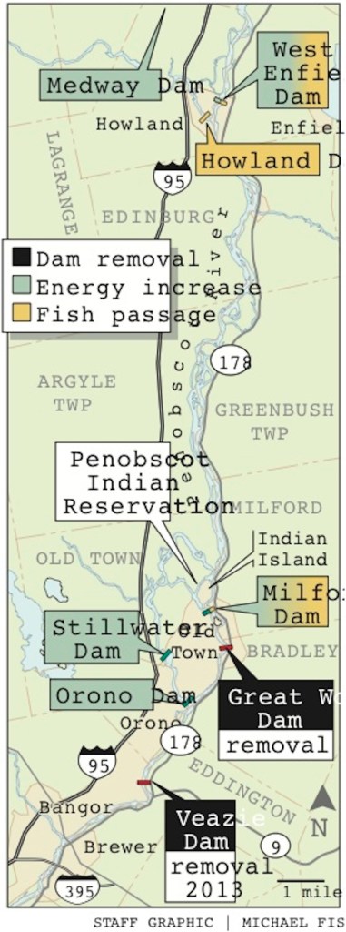 A map of the Penobscot River and the Veazie Dam, which will be removed this year.