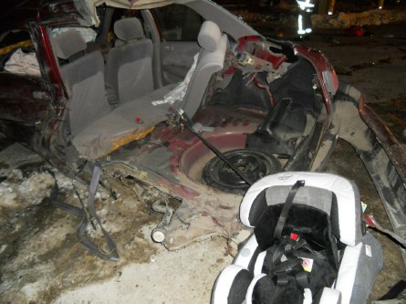 This image shows the vehicle driven by 19-year-old Chynna Blaney of Raymond which was damaged in a crash Thursday, Jan. 3, 2013. Blaney's 6-month-old child was riding in the baby safety seat.