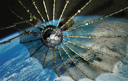 This illustration released by The Defense Advanced Research Projects Agency shows a satellite used for DARPA's Phoenix program scavenging defunct communication satellites for their valuable parts and recycling them to build brand new ones.