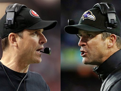 San Francisco 49ers head coach Jim Harbaugh, left, in Atlanta, and Baltimore Ravens head coach John Harbaugh in Foxborough, Mass., during their NFL football conference championship games. Get ready for the Brother Bowl. It'll be big brother John's Baltimore Ravens (13-6) playing little brother Jim's San Francisco 49ers (13-4-1).