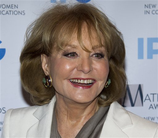 Veteran ABC newswoman Barbara Walters, shown here in a 2012 photo, fell at a presidential inauguration party in Washington and has been hospitalized for chicken pox.