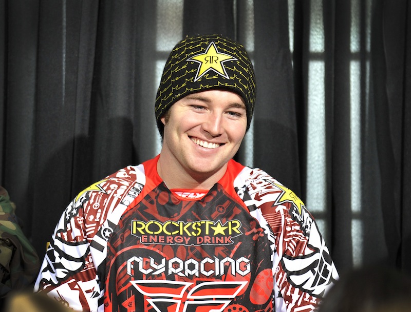 In this photo taken Jan. 25, 2012, and released by ESPN Images, snowmobiler Caleb Moore attends a news conference at the Winter X Games in Aspen, Colo. Moore died on Thursday in a Colorado hospital after a dramatic crash at the Winter X Games in Aspen.