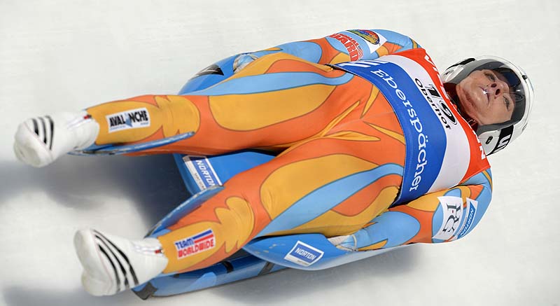 Julia Clukey of Augusta, Maine, speeds down the track during the women's luge World Cup race in Oberhof, Germany on Saturday. Clukey finished sixth.