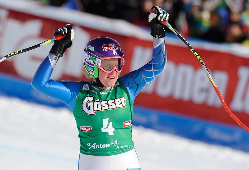 Alice McKennis, from the United States, celebrates as she crosses the finish line to win an Alpine ski, women's World Cup downhill in St. Anton, Austria on Saturday.