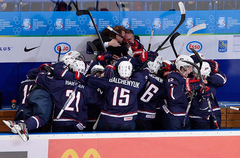 Team USA celebrates in the final seconds of the game after defeating Sweden 3-1 in the gold-medal game at the IIHF World Junior Championships in Ufa, Russia on Saturday. 2012;2013;athlete;athletes;athletic;athletics;Bronze;Canada;Cana