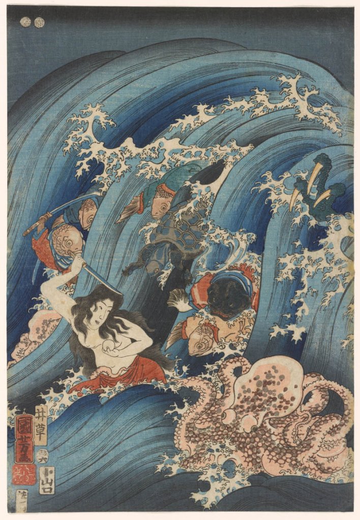 “Tamahime Attempts to Escape from the Sea Dragon and its Minions” by Utagawa Kuniyoshi, 1853, color woodblocks.