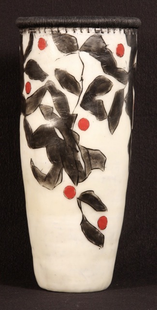 “Berry Basket,” encaustic-painted vase by Lissa Hunter, from the Maine Women Pioneers exhibition at the University of New England.