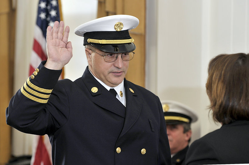 Jerome LaMoria is sworn in as Portland's 14th fire chief on Jan. 3 at City Hall. In response to the Maine Sunday Telegram's analysis of staffing levels in his department, LaMoria said there's a "danger" in comparing per-capita figures of communities. It's important to consider emergency-response resources available regionally, he said.