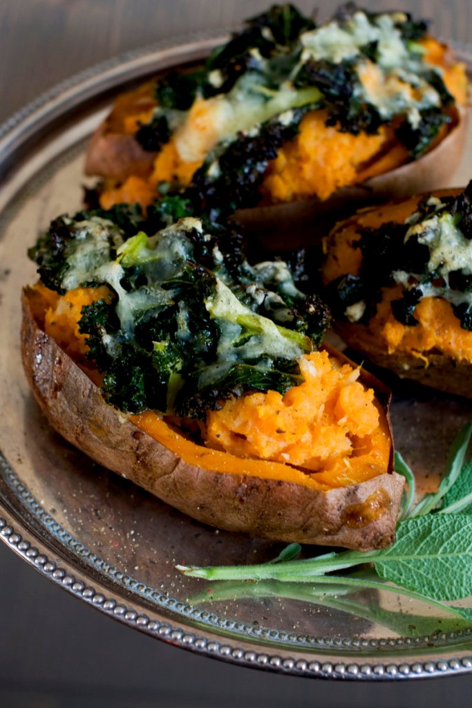 The loaded sweet potato with roasted garlic will easily stand alone as a meatless meal, but it also would pair well with leftover or rotisserie chicken.