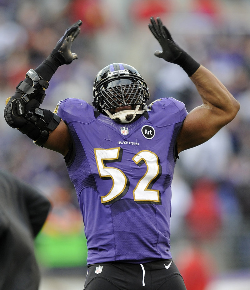Baltimore’s Ray Lewis does his signature dance in the final moments of the Ravens’ playoff win over the Colts. Lewis will retire after the season.