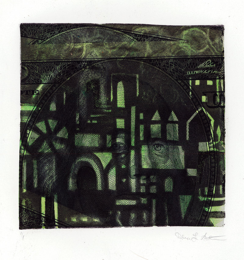 Debra L. Arter’s “Green Landscape,” collagraph with chine collie, 2011.