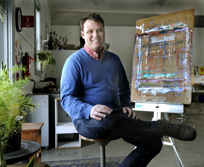 Jeff Badger, in his studio on the SMCC campus in South Portland, has put together an exchange of work by American and Spanish artists that he hopes will foster “meaningful, real-life connections toward a more peaceful world.”