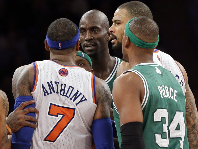Carmelo Anthony of the Knicks and Kevin Garnett of the Celtics received technicals Monday night for a verbal altercation in the fourth quarter of the Celtics’ victory.