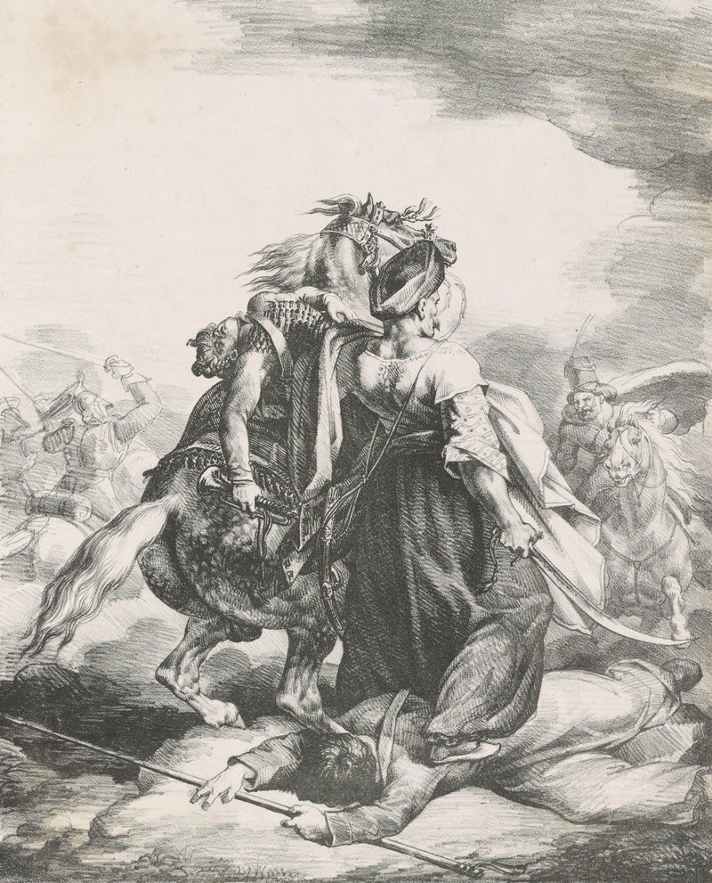 From “Printmaking ABC” at Bowdoin, “A Mameluke of the Imperial Guard Defending a Wounded Trumpeter from a Cossack,” by Theodore Gericault, French, 1818 lithograph