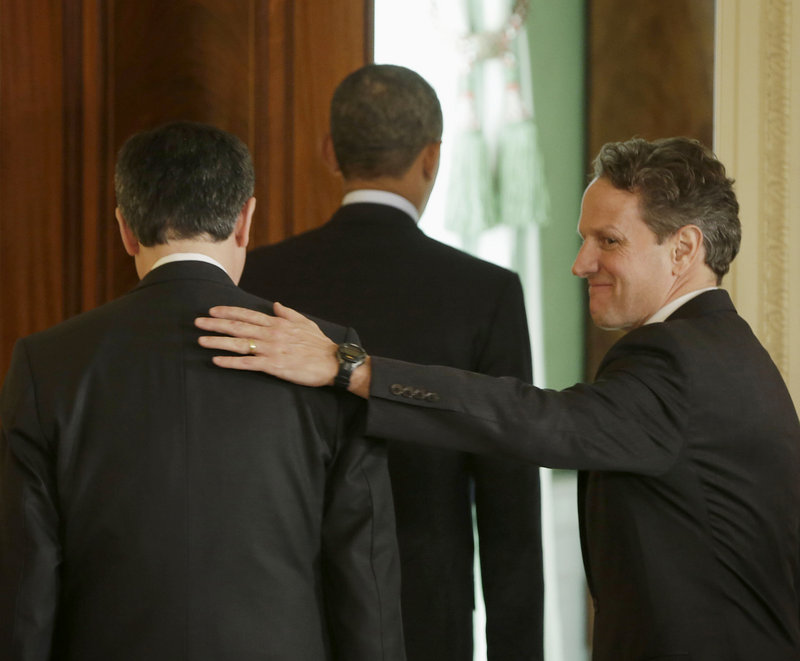 Outgoing Treasury Secretary Timothy Geithner, right, pats the back of White House chief of staff Jack Lew as they walk out with President Obama from the East Room on Thursday after Obama announced he will nominate Lew to succeed Geithner as Treasury secretary.