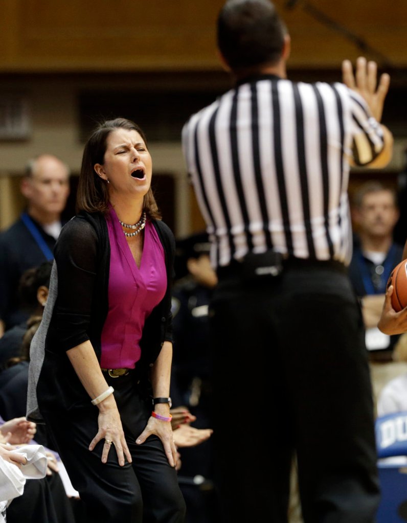 Duke Coach Joanne P. McCallie is apparently perturbed by a referee’s call during the Blue Devils’ 82-45 win over Clemson at Durham, N.C., on Thursday.