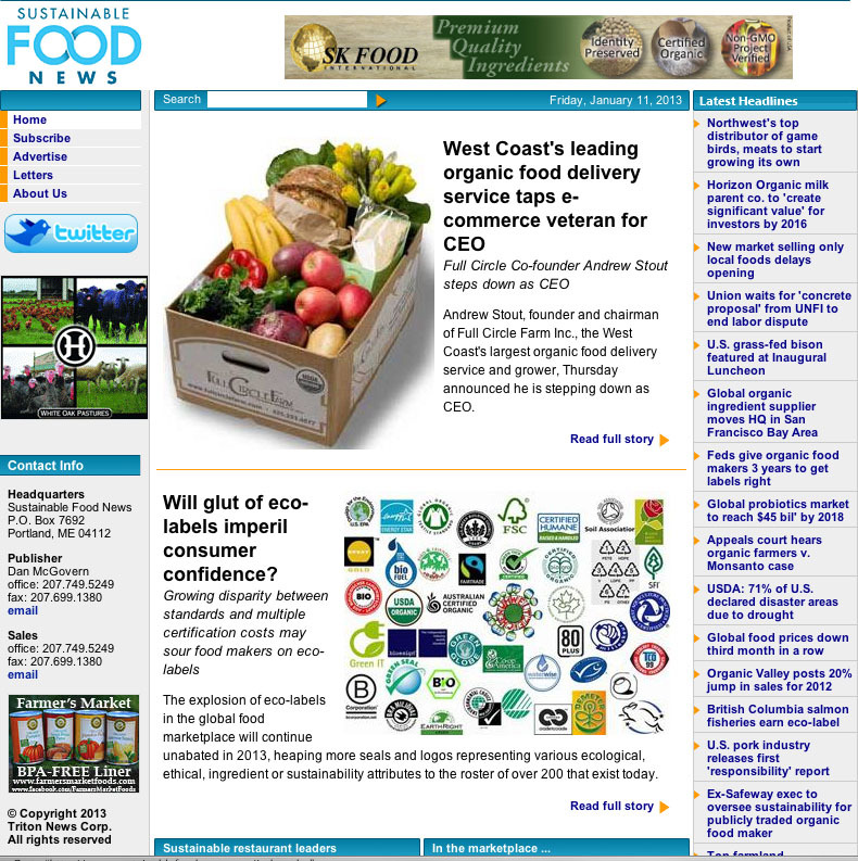 This snapshot of the digital magazine sustainable Food News was taken on Jan. 11.