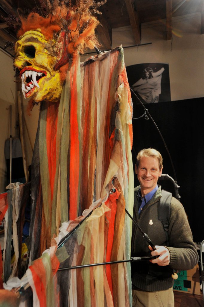 John Farrell of Figures of Speech Theatre in Freeport with a giant puppet he created to portray the witch Sycorax in “The Tempest.” Farrell and his wife, Carol, were among the first puppet theater artists based in Maine and have taken their performances around the world.