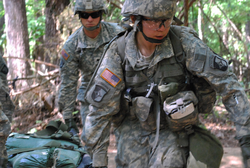 Capt. Sara Rodriguez, 26, of the 101st Airborne Division, is seen during the Expert Field Medical Badge training at Fort Campbell, Ky. A lawsuit under way, however, seeks to allow women to train, and perform, in direct combat.