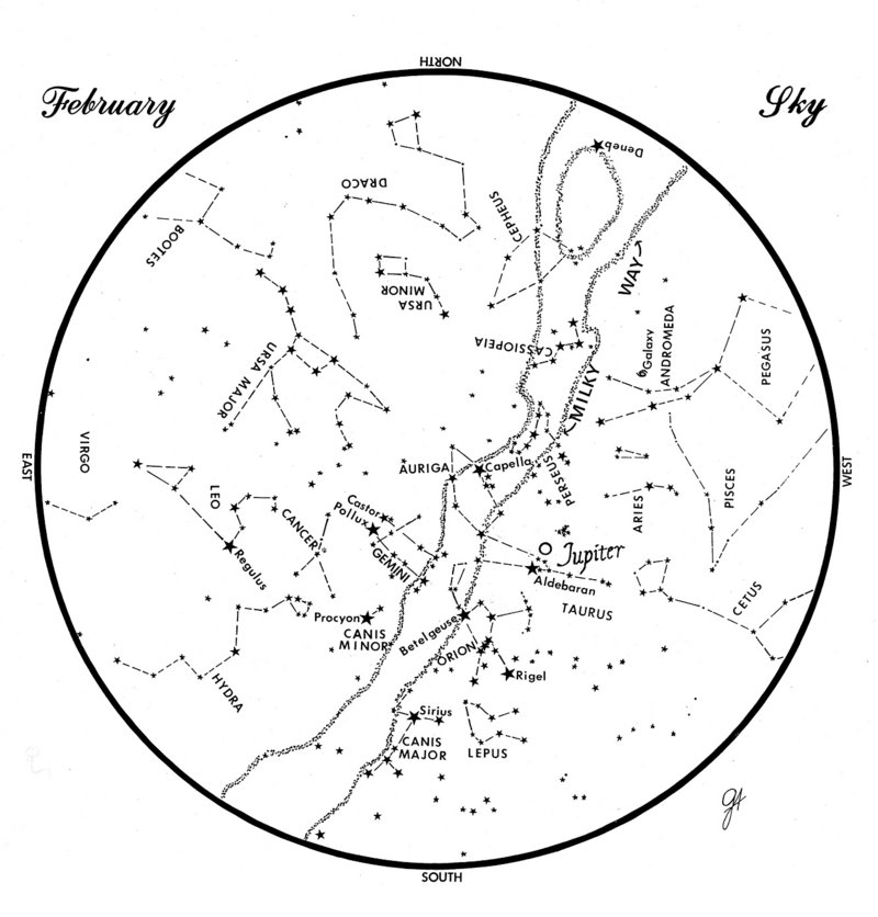 Sky Guide: This chart represents the sky as it appears over Maine during February. The stars are shown as they appear at 9:30 p.m. early in the month, at 8:30 p.m. at midmonth and at 7:30 p.m. at month’s end. Jupiter is shown in its midmonth position.