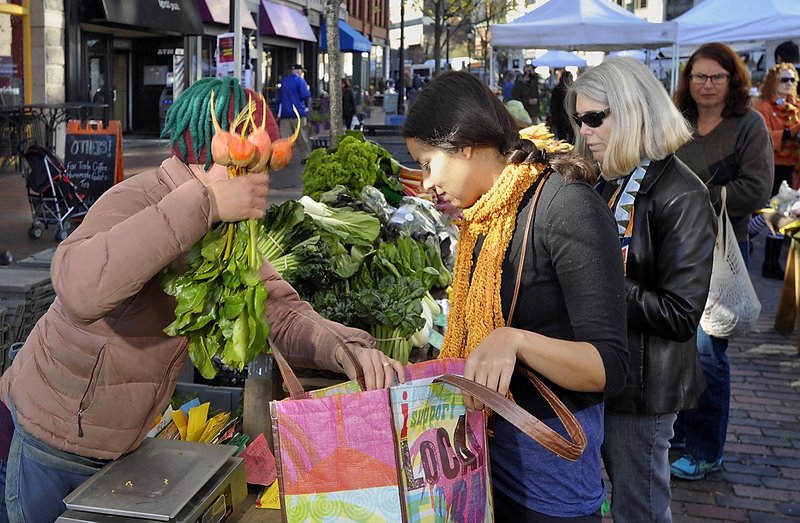 Mary Ellen Chad of Green Spark Farm in Cape Elizabeth bags baby bok choy, chard and tat soi for Nicole Pelkey of Portland at the farmers market in Portland’s Monument Square. The Maine Food Strategy aims to increase shoppers’ access to local food.