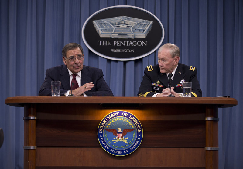 Defense Secretary Leon Panetta, with Joint Chiefs Chairman Gen. Martin Dempsey, tells a news conference a week ago that budget uncertainty will “harm our military readiness.”
