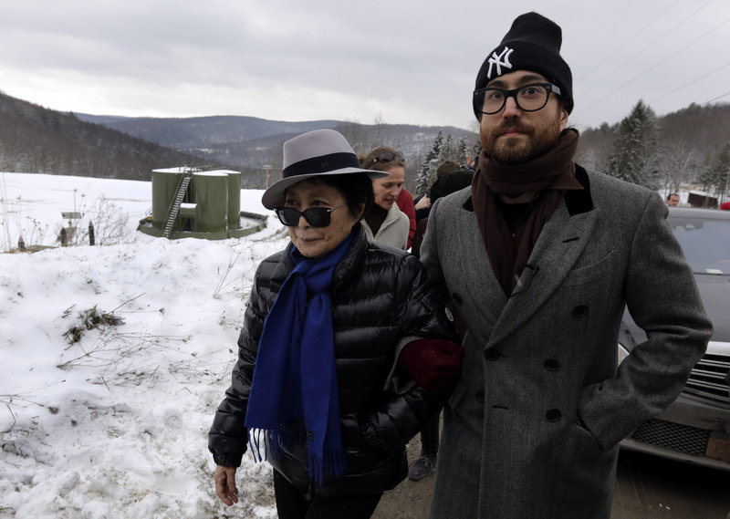 Yoko Ono, left, and her son Sean Lennon visit a fracking site in Franklin Forks, Pa., on Thursday.