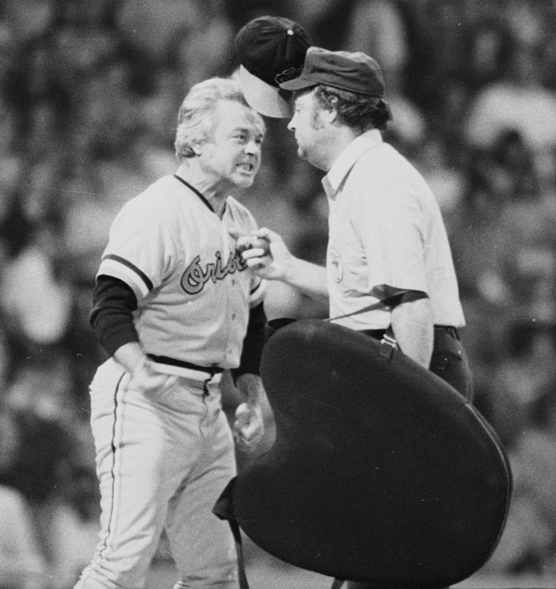 Baltimore Orioles' manager Earl Weaver’s hat flies as he protests a call in a 1974 game with the Chicago White Sox.