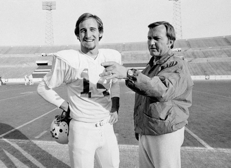 PATRIOTS PAST: Quarterback Steve Grogan, left, gets a pointer from Coach Chuck Fairbanks at Schaefer Stadium in Foxborough, Mass., in December 1976.