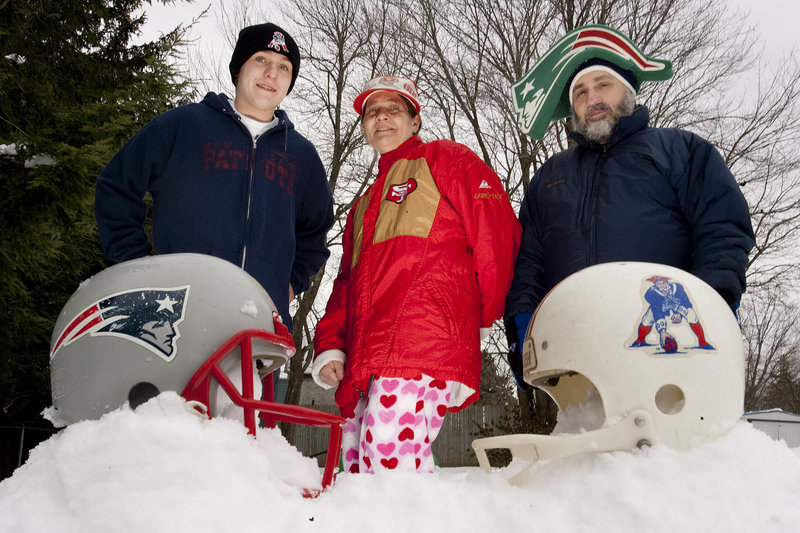 The Clement family of South Portland – 17-year-old Bert and his parents, Cathy and Bill – gets suited up for a big day of championship football. Father and son are both New England fans, but Bill remembers the team’s lean years and Bert does not. The Patriots play the Baltimore Ravens tonight for a chance to appear in their sixth Super Bowl since 2001.