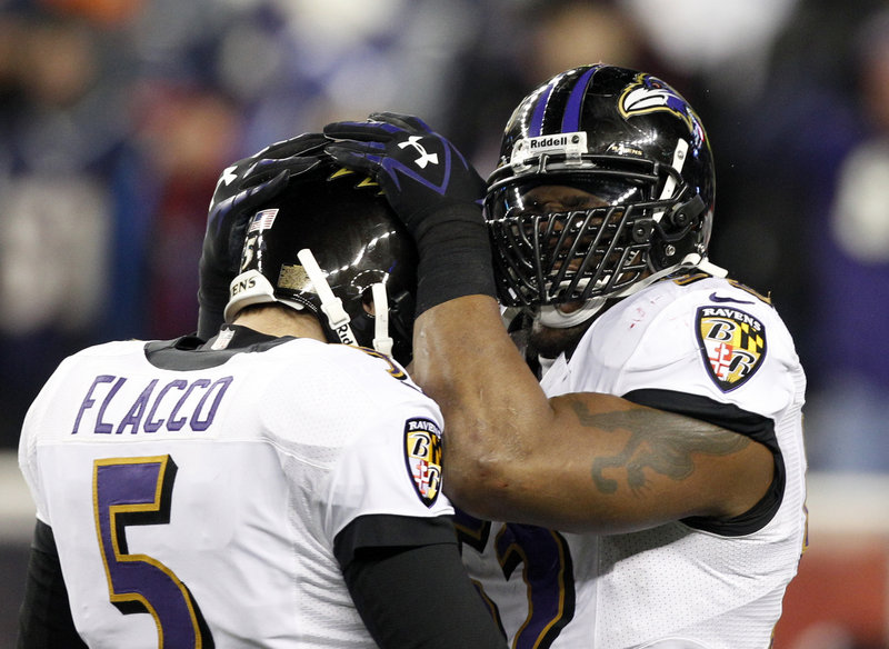 Joe Flacco helped make sure that linebacker Ray Lewis will play one more game before his retirement, directing the Ravens to their first AFC title since the 2000 season.