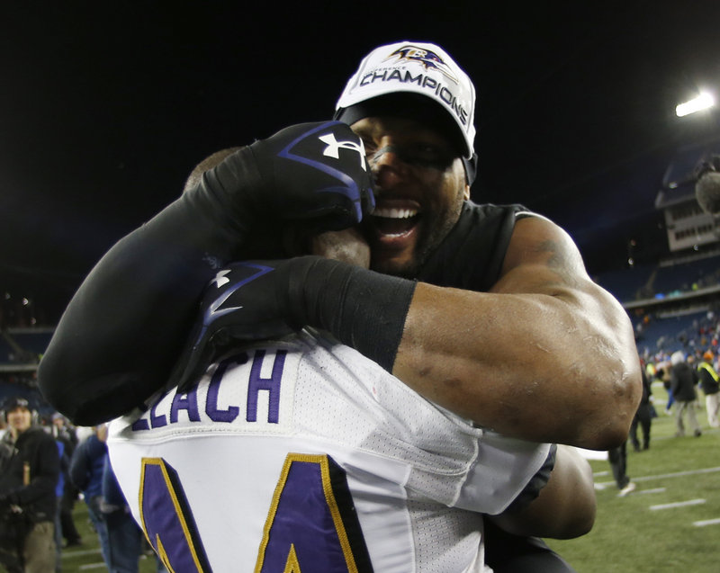 Baltimore Ravens linebacker Ray Lewis, right, celebrates with teammate Vonta Leach after Sunday’s victory. Lewis has said that he plans to retire at the end of his postseason.