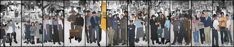 This mural depicting the history of labor in Maine, which was removed from a state office building in 2011, is now displayed in the state museum.