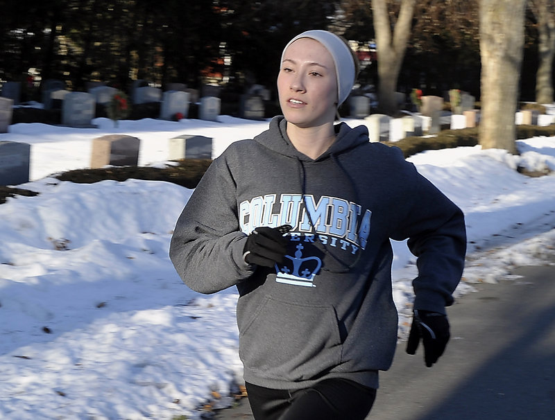 Running sprints outdoors helps keep Columbia University-bound Charlotte Pierce in fit condition for the numerous track events in which she excels.