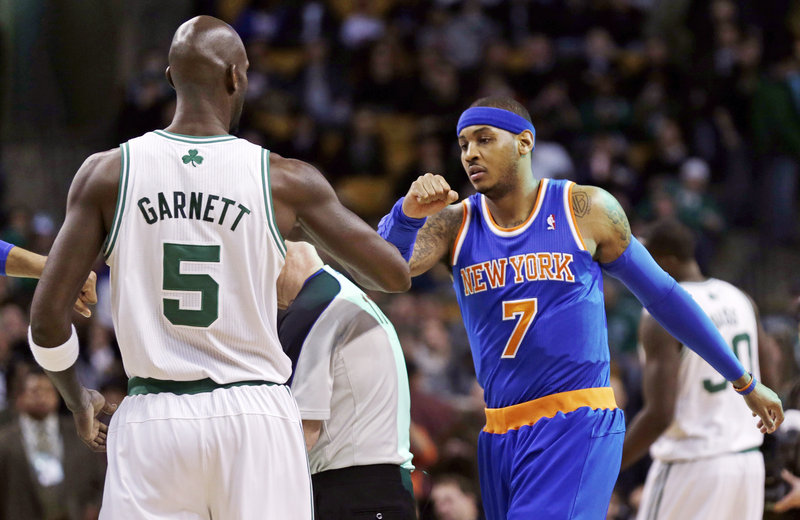Kevin Garnett of the Boston Celtics and Carmelo Anthony of the New York Knicks, who had a verbal altercation 17 days before, greet each other Thursday night before Anthony scored 28 points in New York’s 89-86 victory.