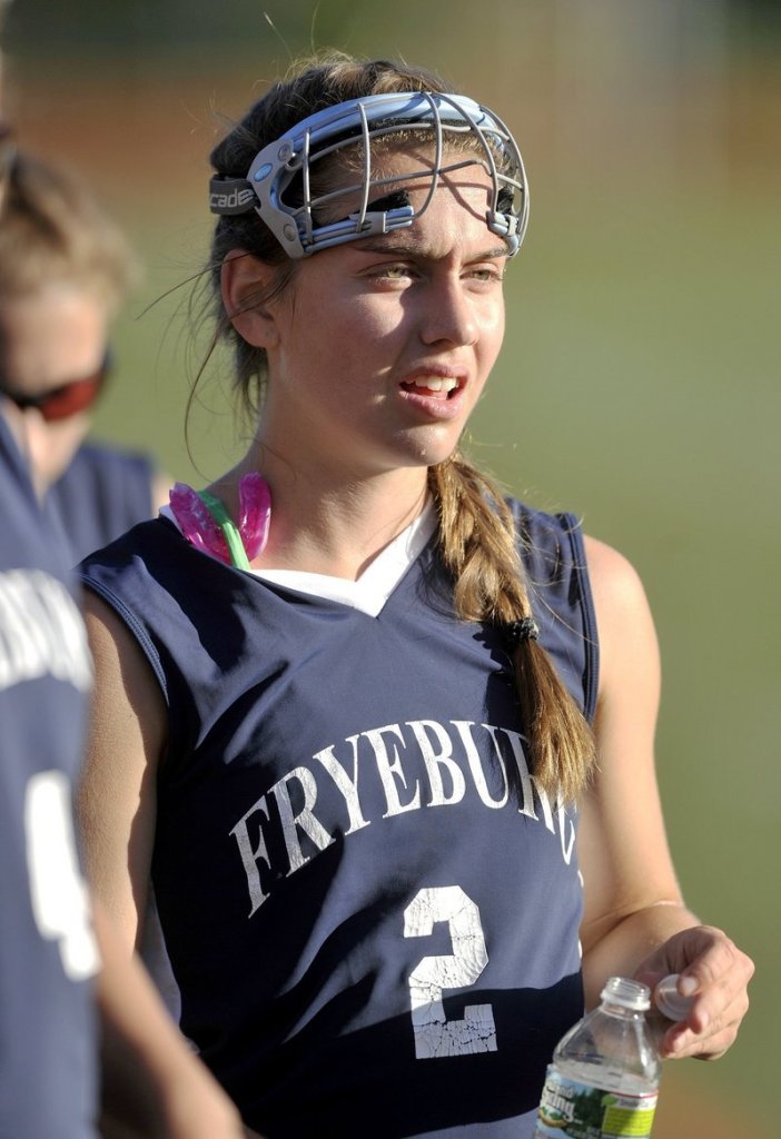 Fryeburg’s Christina DiPietro is legally blind, yet was one of the top players on her team last year. Home games are played with an orange ball and goals to help her see them.