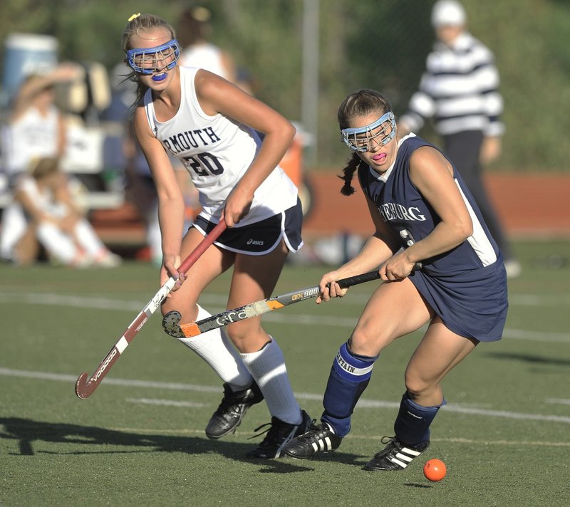 An orange ball is one of the accommodations school athletics officials have made for Fryeburg Academy’s Christina DiPietro, a field hockey player who is legally blind, seen playing against Yarmouth last year.