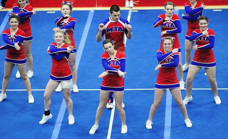 The Mt. Ararat girls compete during the Eastern Maine cheerleading competition at the Augusta Civic Center. The top six teams in each class qualified for the state championships.