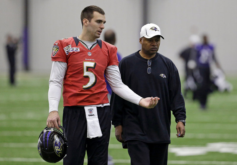 Joe Flacco, left, could be commanding a huge contract if he’s able to lead the Baltimore Ravens to a victory in the Super Bowl against the San Francisco 49ers.