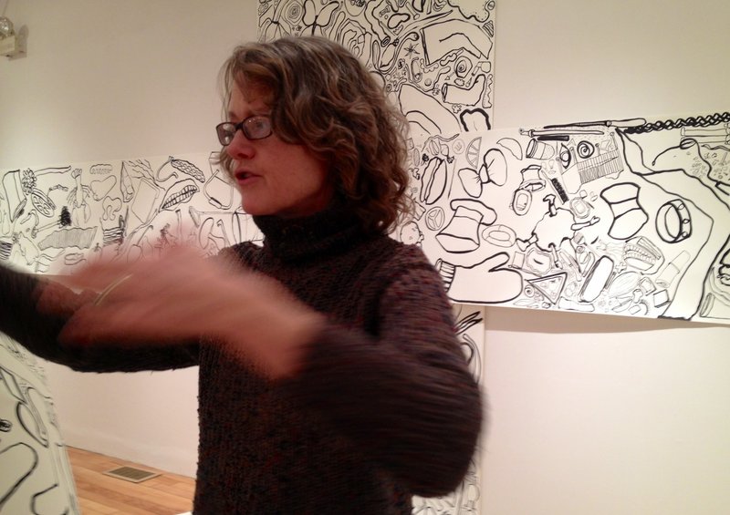 Astrid Bowlby’s drawings – black ink on white paper – are in a constant state of evolution. She takes requests from visitors and fills her paper one drawing at a time, day after day. “Everything” will run through March 6.